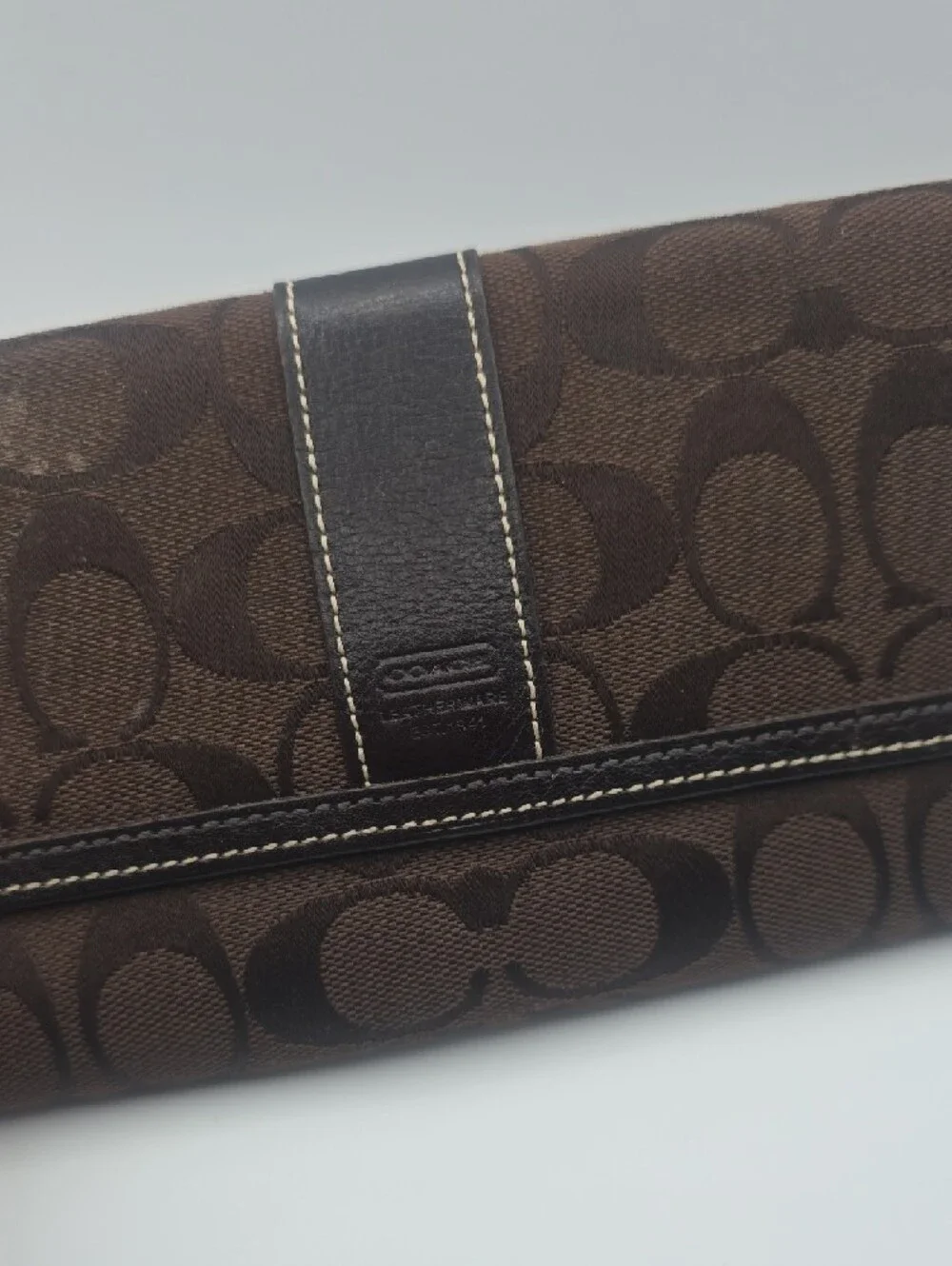 Coach Dark Brown Signature Mono Stitched Black Trim Long Snap Wallet (EUC)🖤